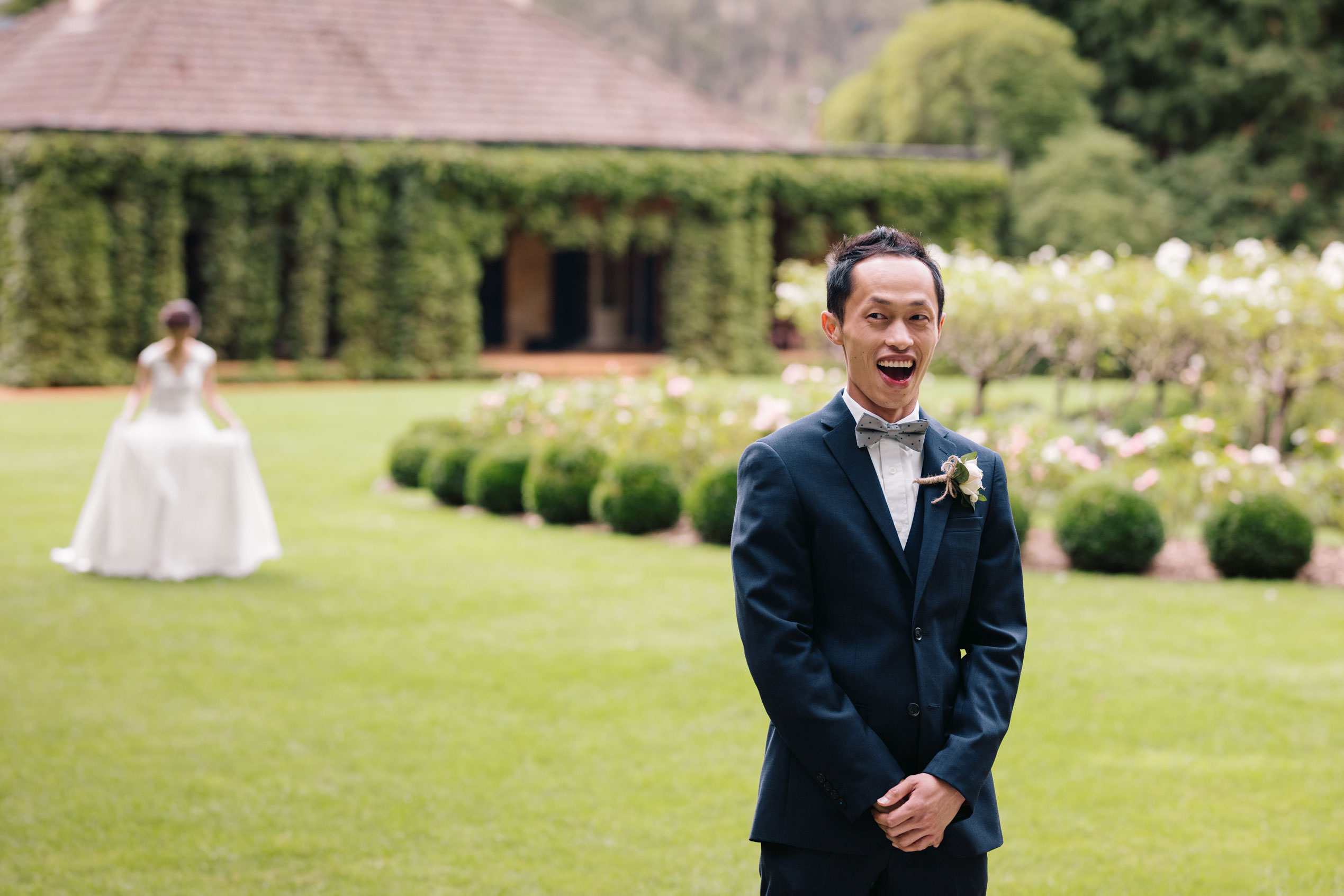 Groom excited to see bride for the first time - first look