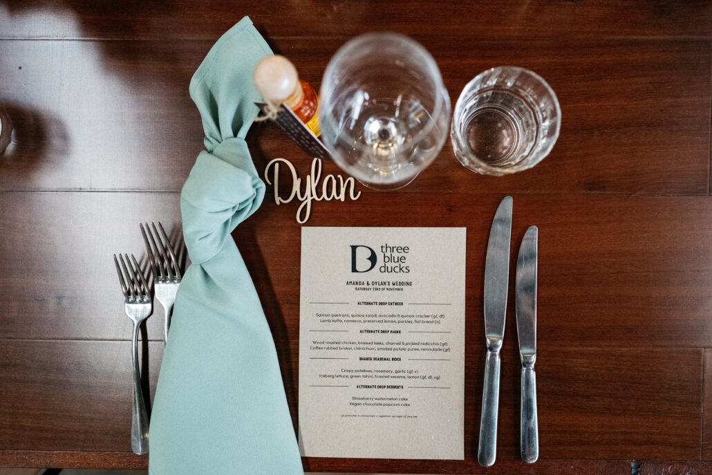 Table setting for wedding with name tag and menu