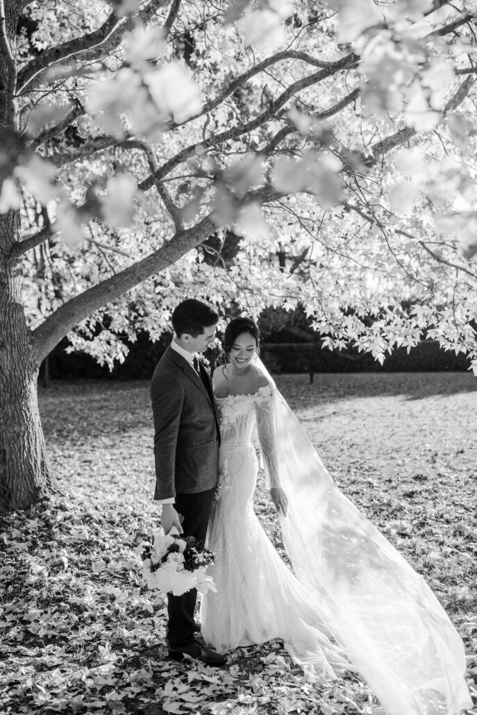 Bride and Groom black and white portrait under tree